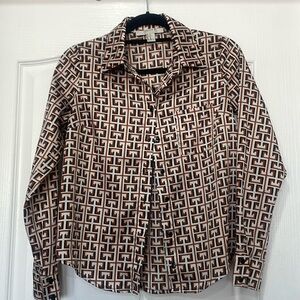 long sleeve blouse. White with black & brown pattern. Excellent condition.